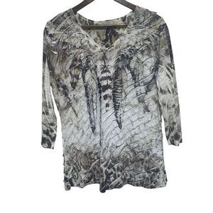 Jess Jane Top Womens L Feather Animal Print 3/4 Sleeve Layered Artsy Stretch Top